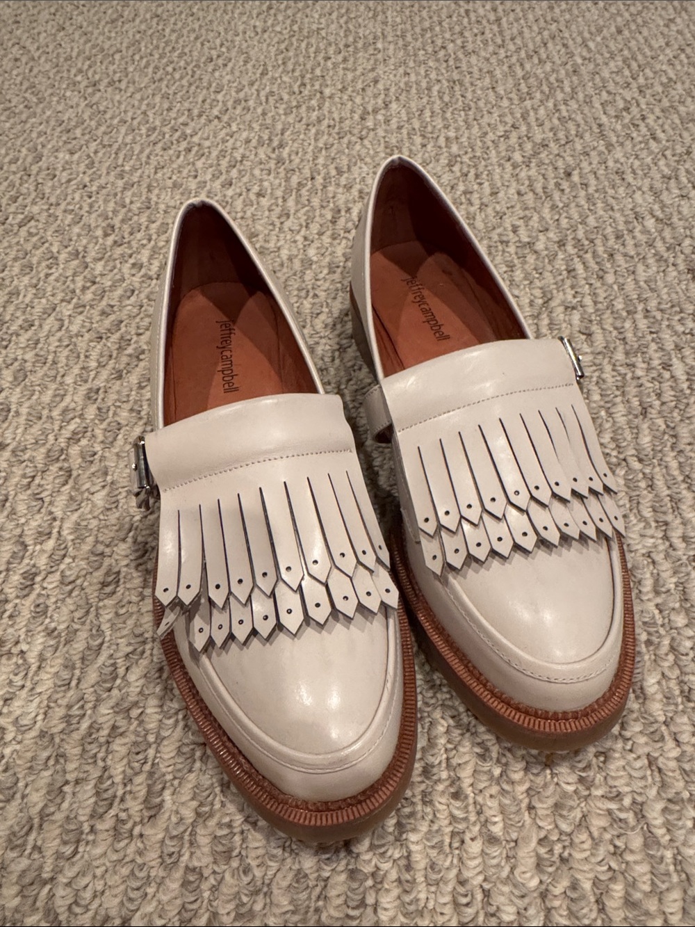 Jeffrey Campbell Cream Leather Fringe Loafers